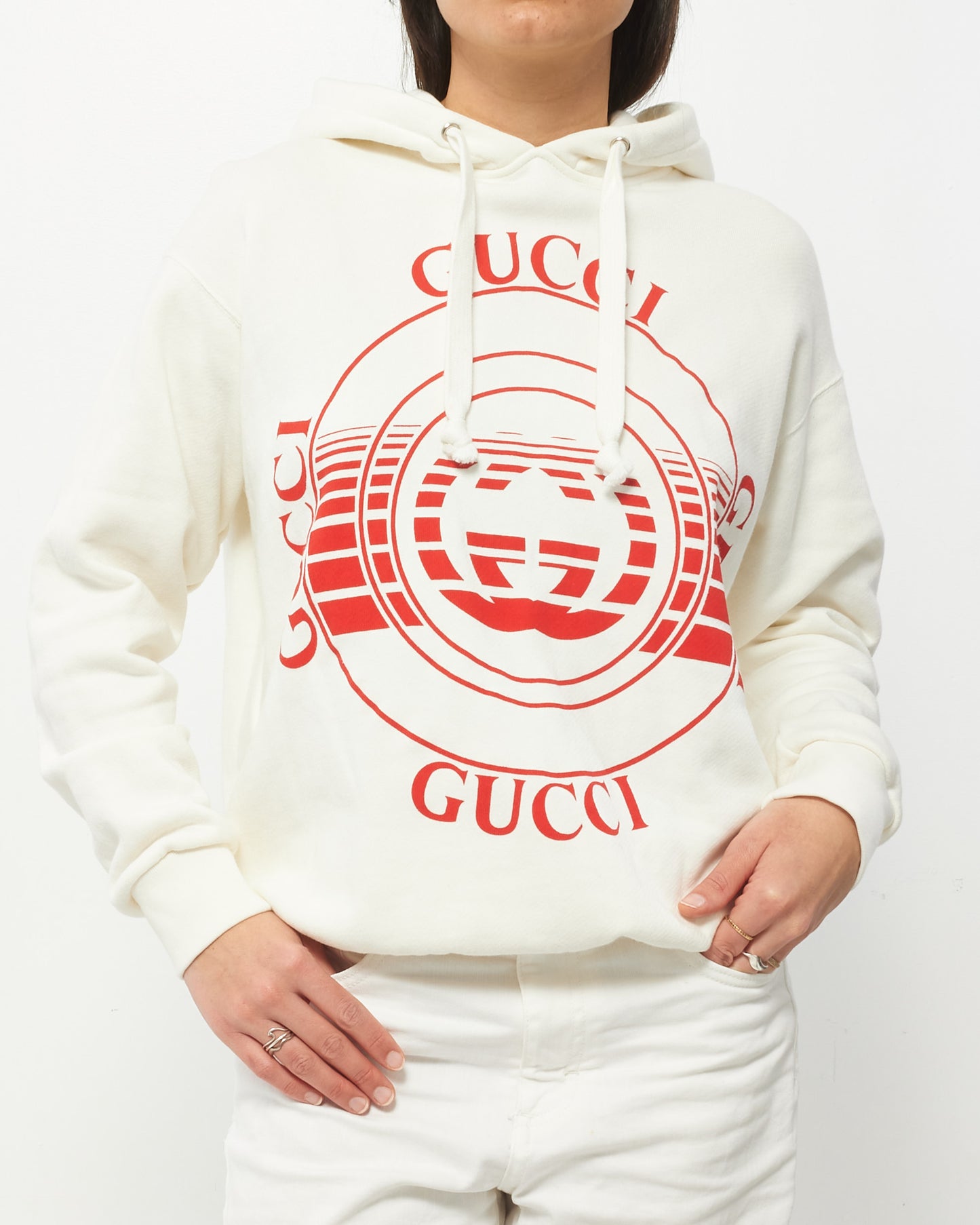 Gucci White 
Red Logo Hoodie - XS