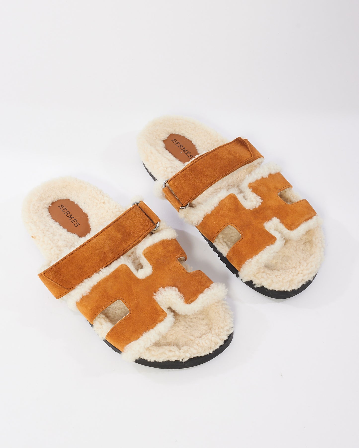 Hermès Tan Suede 
Shearling Chypre Sandals - 39