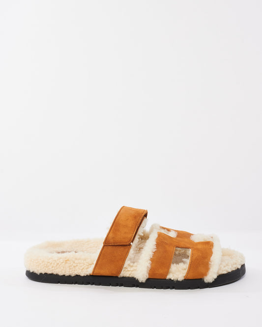 Hermès Tan Suede 
Shearling Chypre Sandals - 39