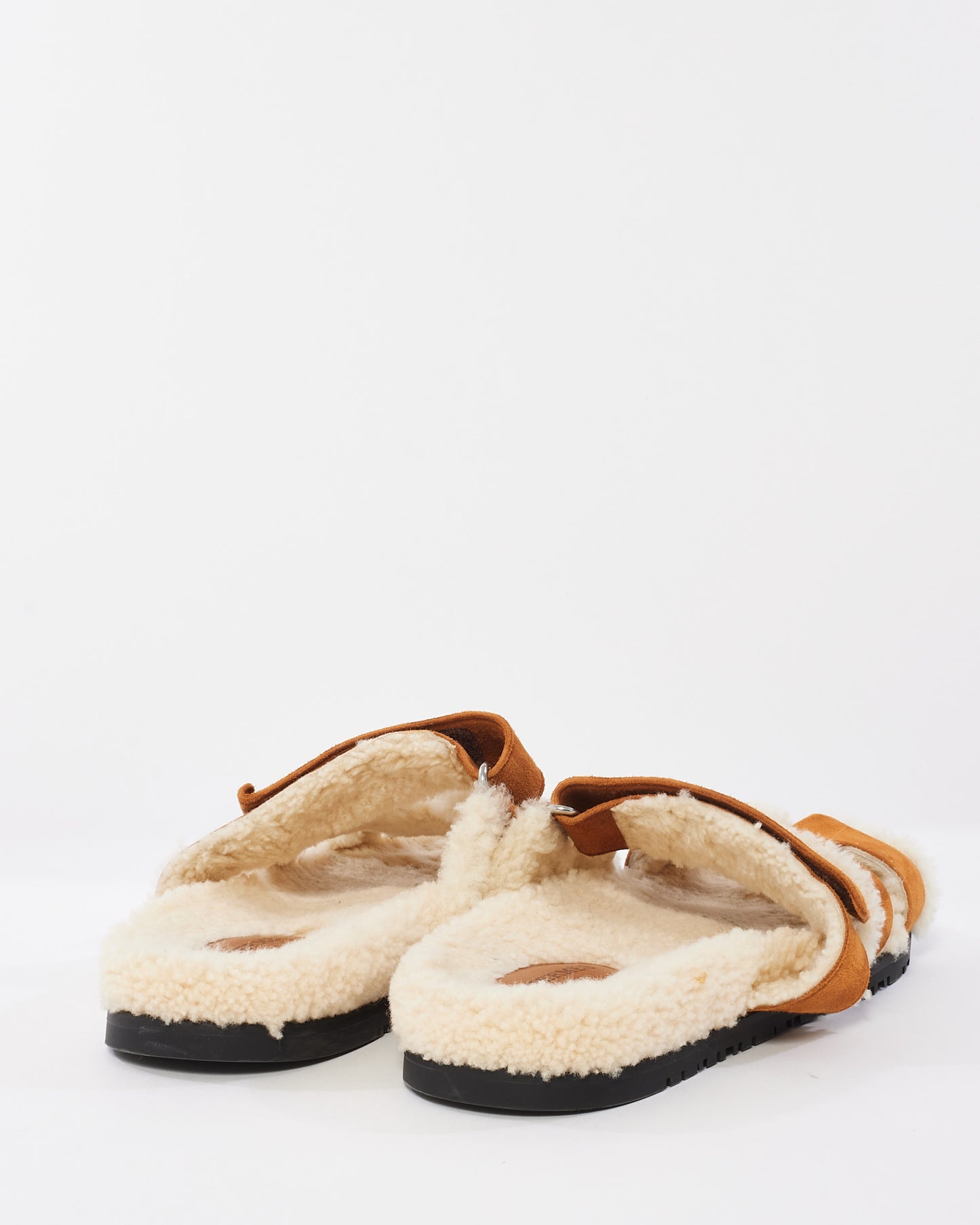 Hermès Tan Suede 
Shearling Chypre Sandals - 39