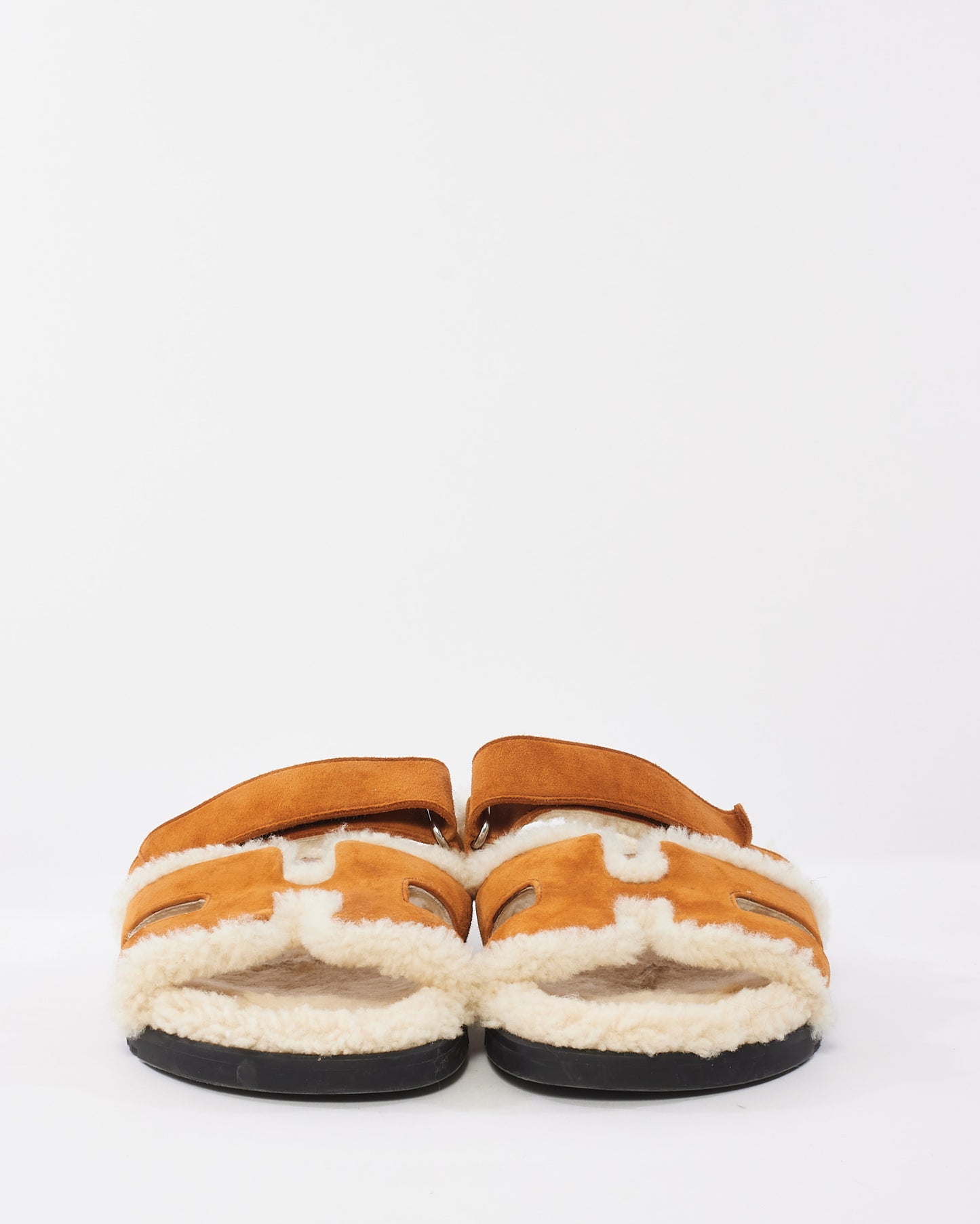 Hermès Tan Suede 
Shearling Chypre Sandals - 39