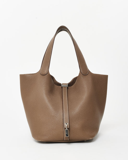 Hermès Etoupe Clemence Leather Picotin 22 Bag PHW