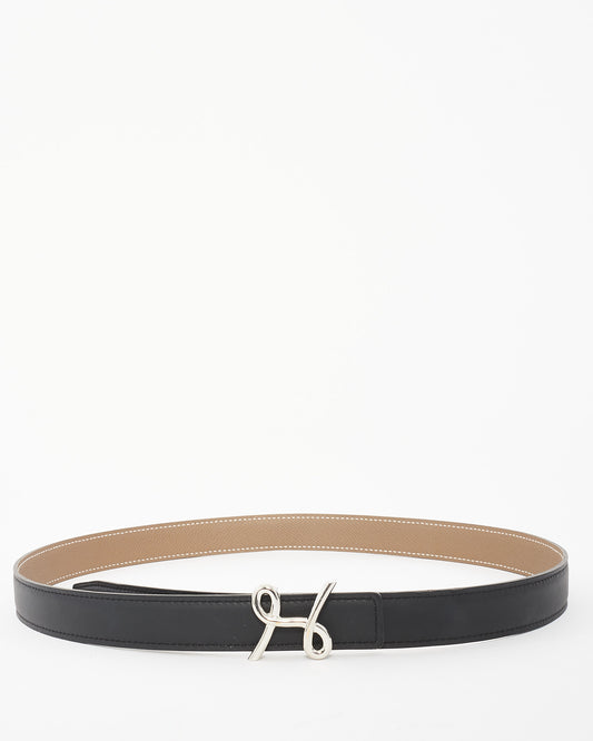 Hermès Reversible Black 
Etoupe Leather Cursive H Buckle Belt - 85