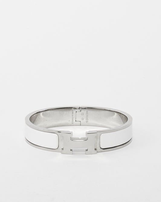 Hermès White 
Silver Enamel Clic Clac Bracelet - PM