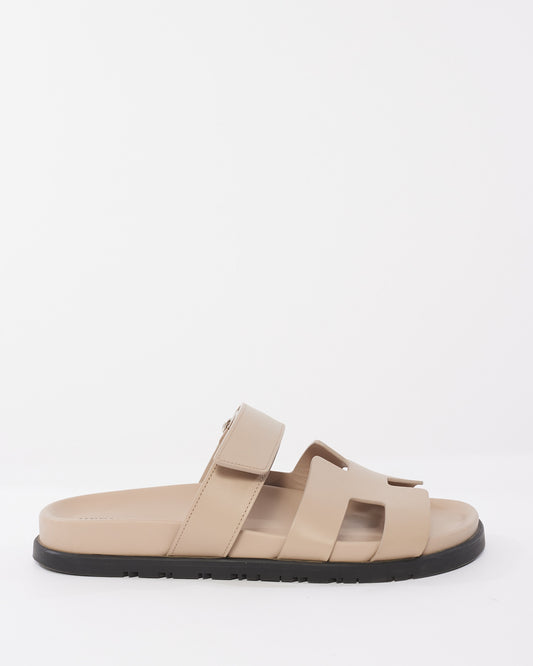 Hermès "Beige Mastic" Leather Chypre Sandals - 39.5