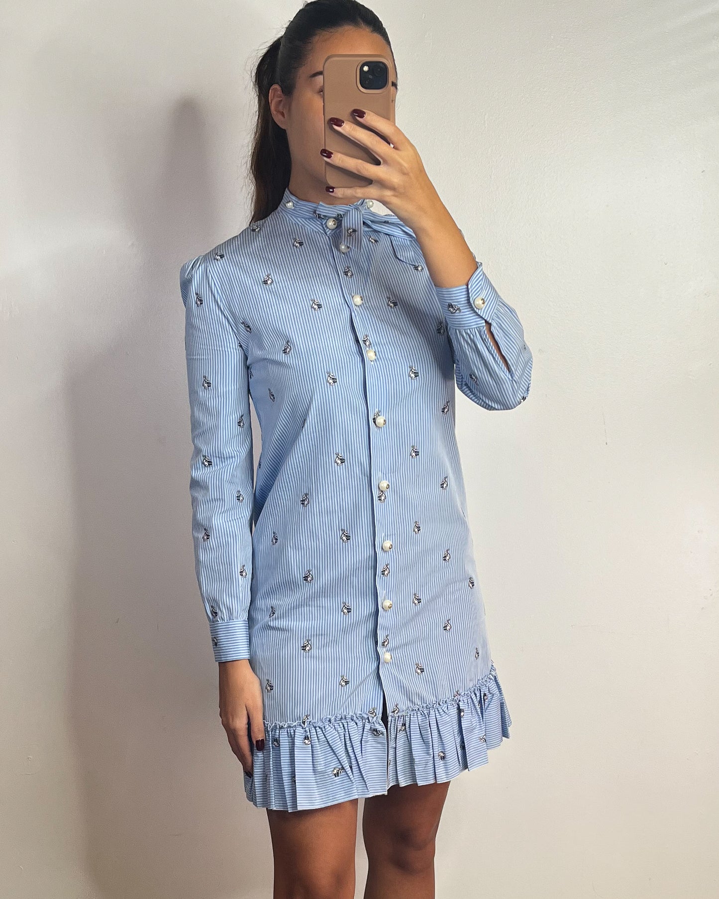 Gucci Blue Striped Cotton Bunny Print Button Down Shirt Dress