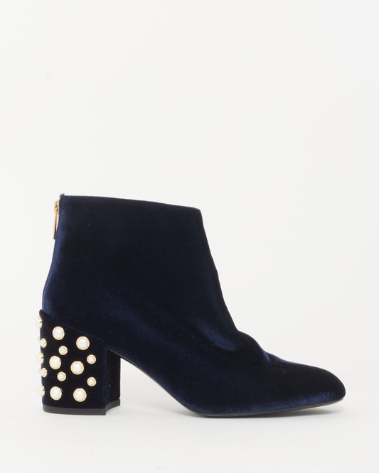 Stuart Weitzman Blue Velvet 
Pearl Block Heel Booties - 8.5