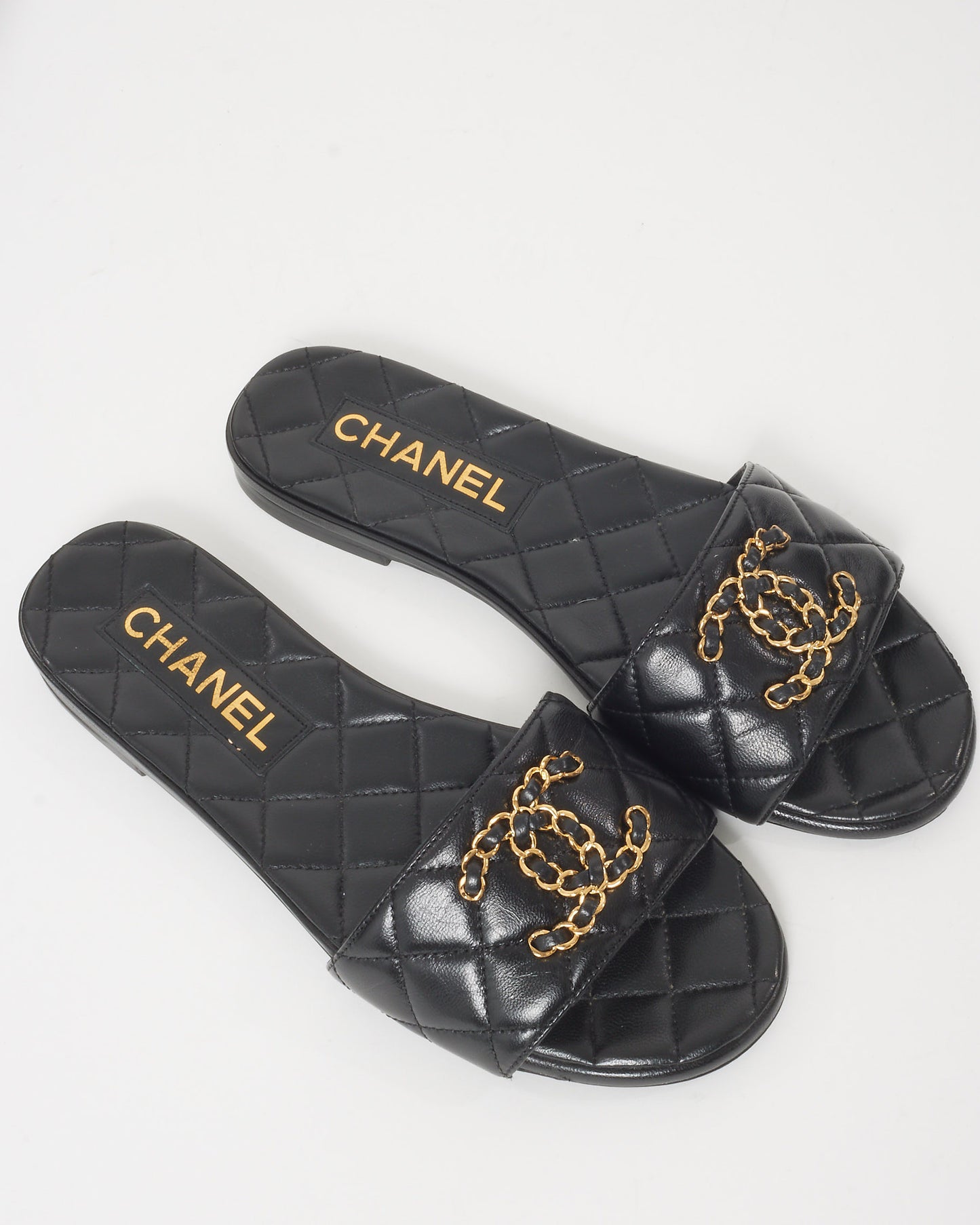 Chanel Black Quilted Leather 
Chain CC 19 Logo Slides - 35