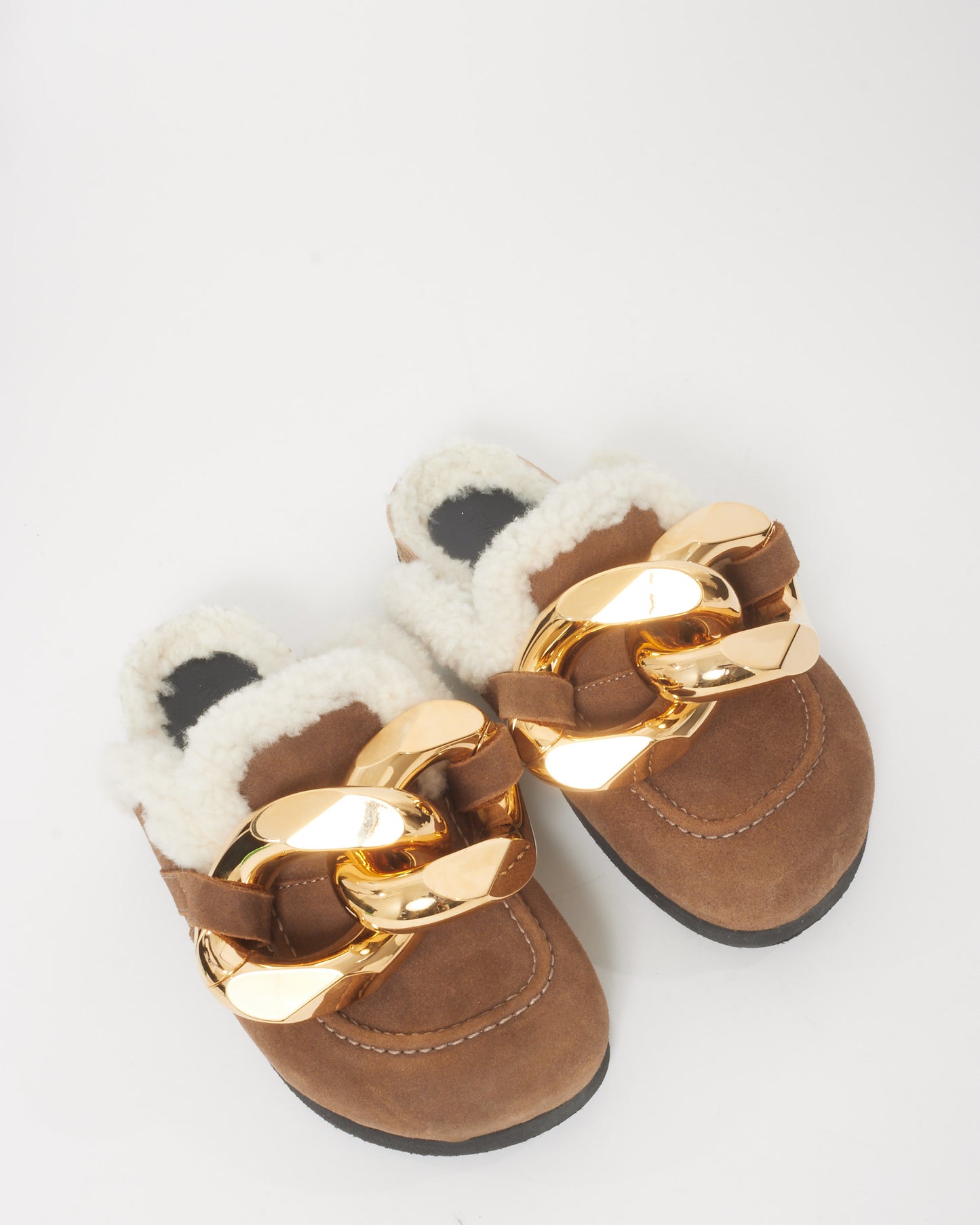 JW Anderson Brown Suede 
Shearling Gold Chain Mule - 35