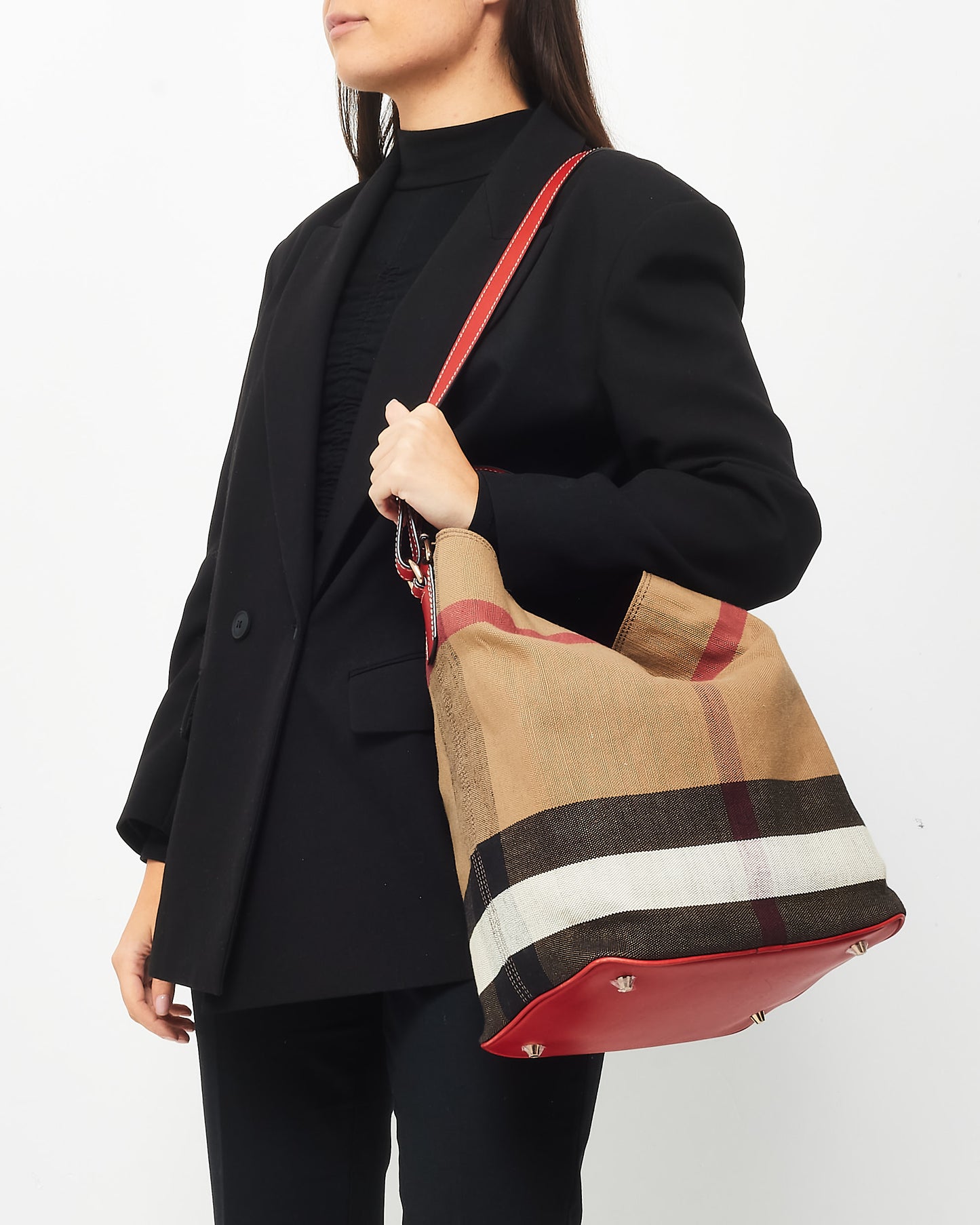 Burberry Plaid Canvas 
Red Leather Ashby Bucket Bag