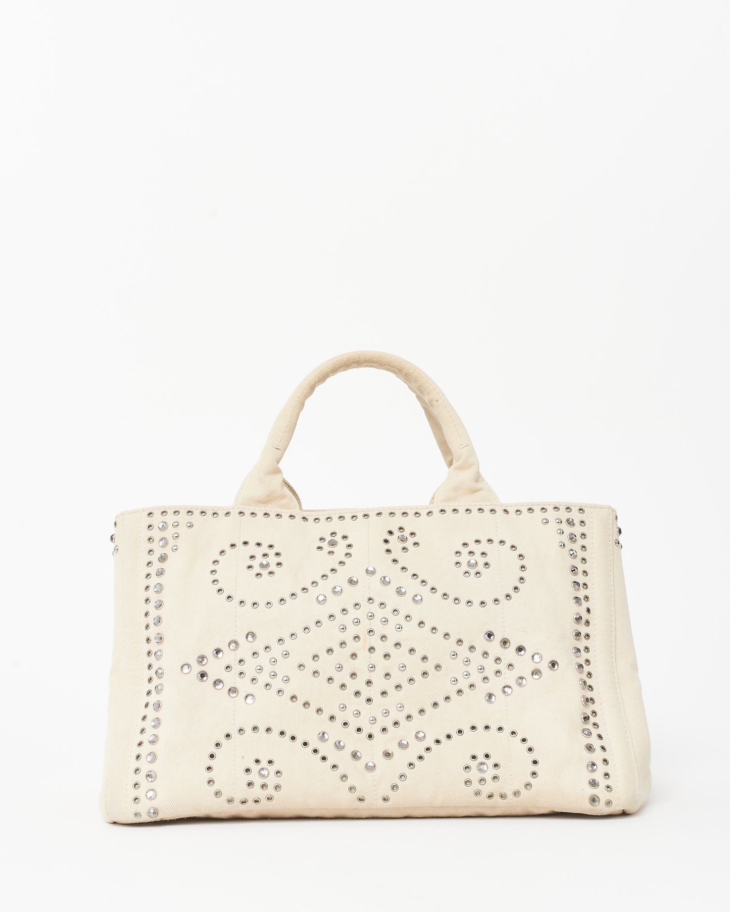 Prada Beige Bijoux Studded Canapa Tote MM