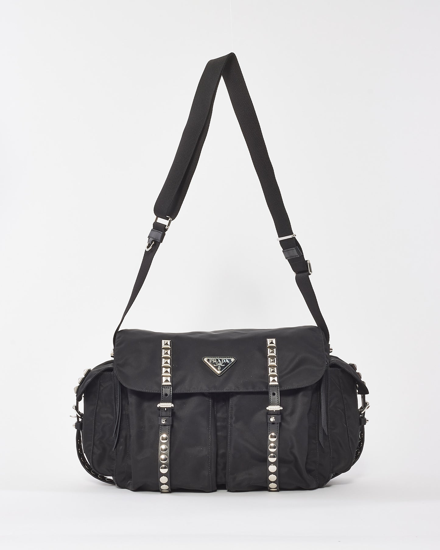 Prada Black New Vela Nylon Studded Messenger Bag