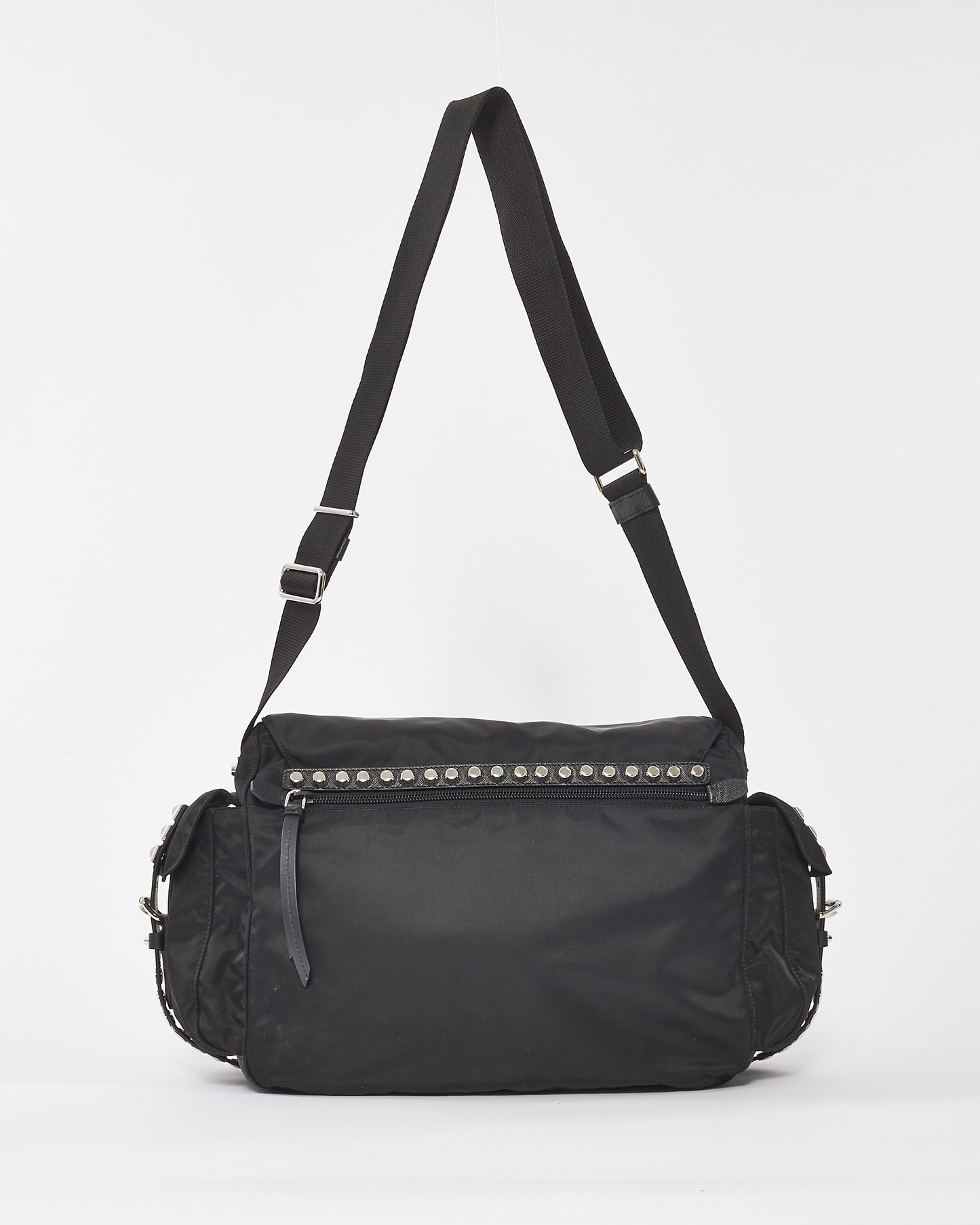 Prada Black New Vela Nylon Studded Messenger Bag