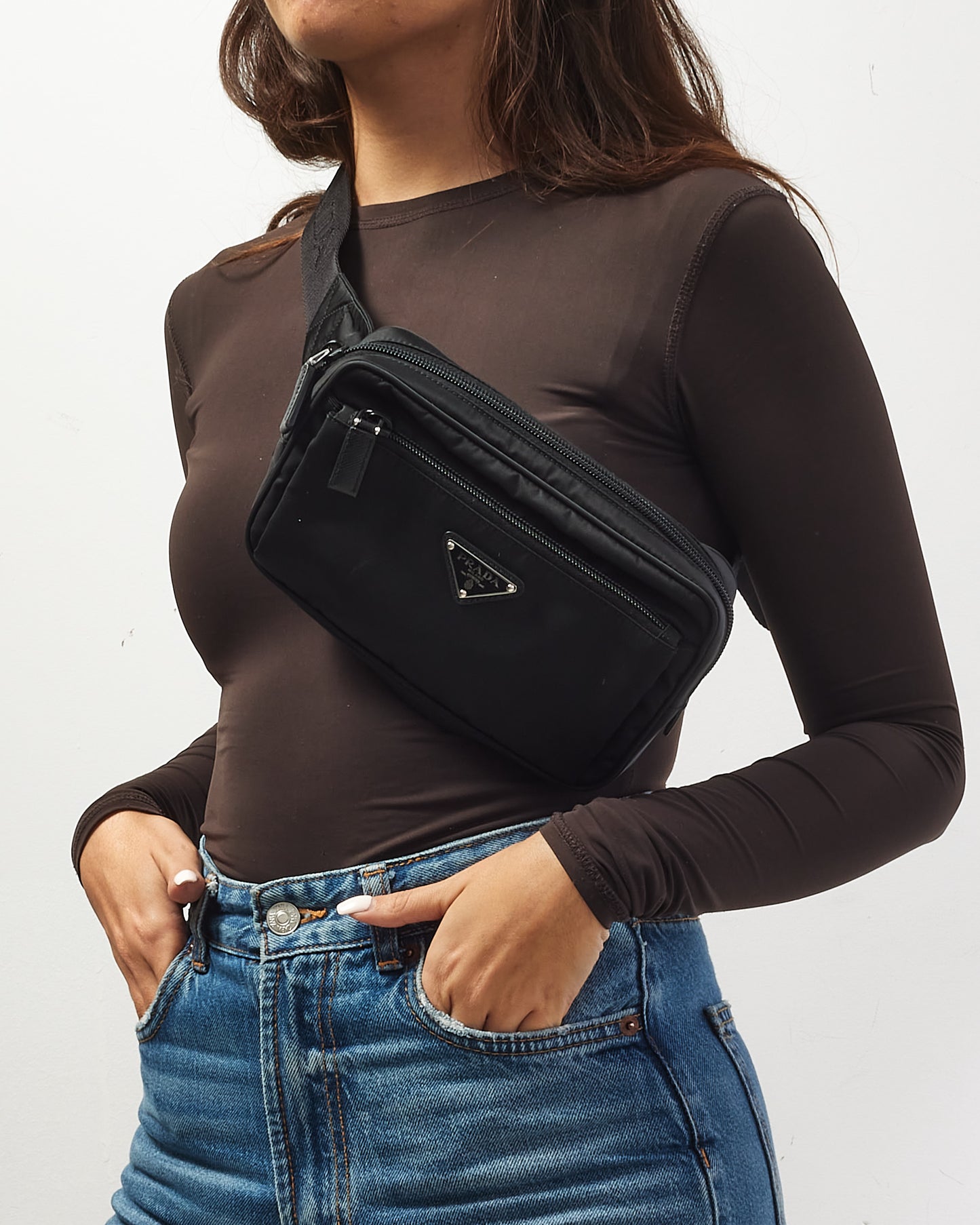 Prada Black Nylon Logo Belt Bag