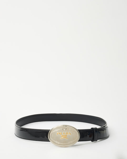 Prada Black Patent Leather Silver 
Gold Logo Belt - 90/36