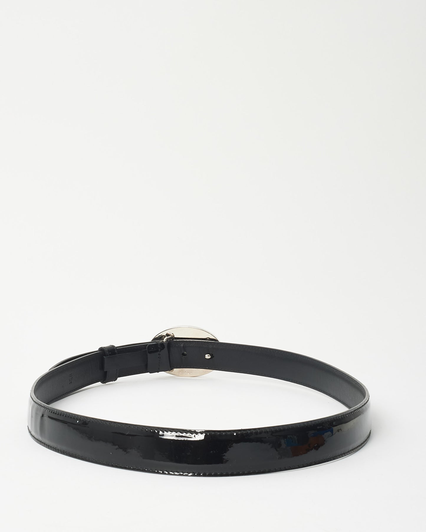 Prada Black Patent Leather Silver 
Gold Logo Belt - 90/36