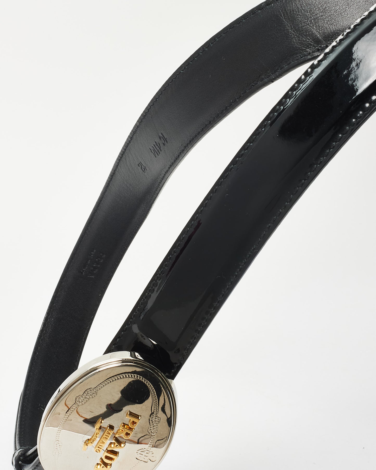 Prada Black Patent Leather Silver 
Gold Logo Belt - 90/36