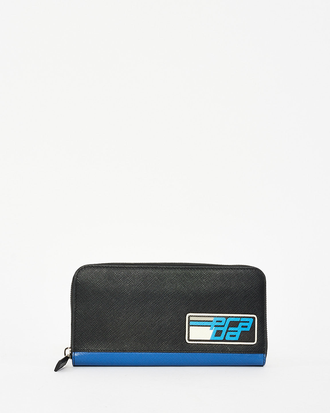 Prada Black 
Blue Saffiano Leather Logo Patch Long Zip Wallet