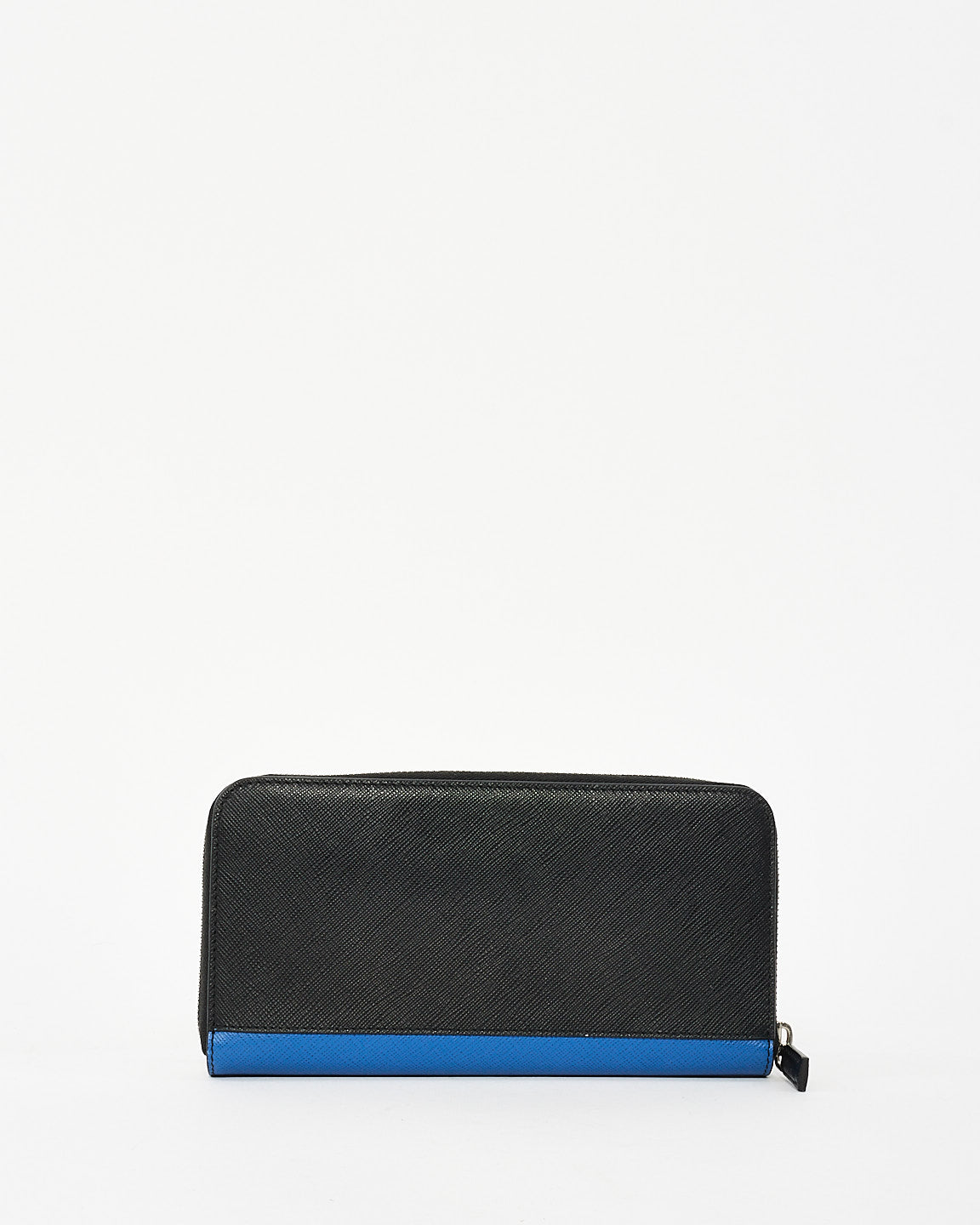 Prada Black 
Blue Saffiano Leather Logo Patch Long Zip Wallet