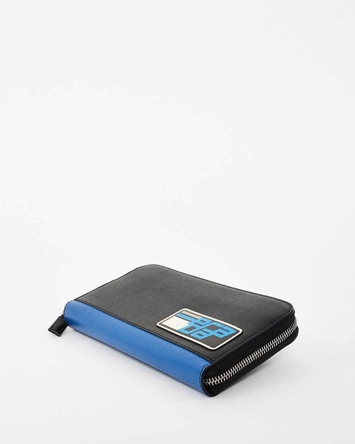 Prada Black 
Blue Saffiano Leather Logo Patch Long Zip Wallet