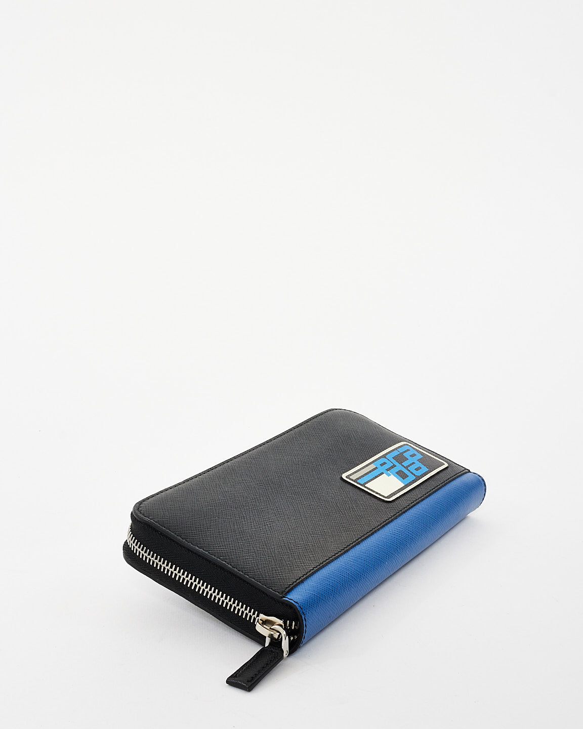 Prada Black 
Blue Saffiano Leather Logo Patch Long Zip Wallet