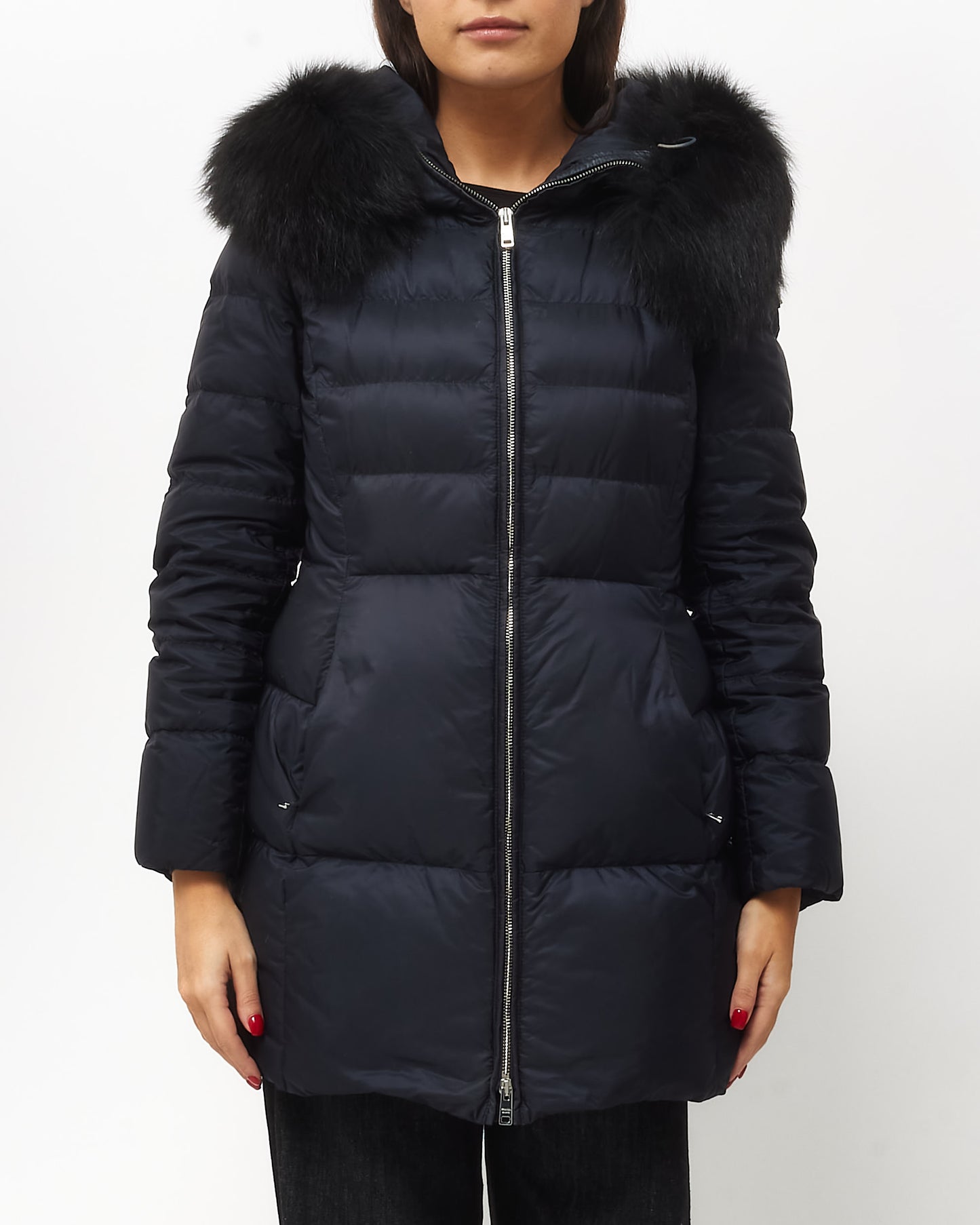 Prada Navy with Black Fox Fur Trim Puffer Jacket - 44