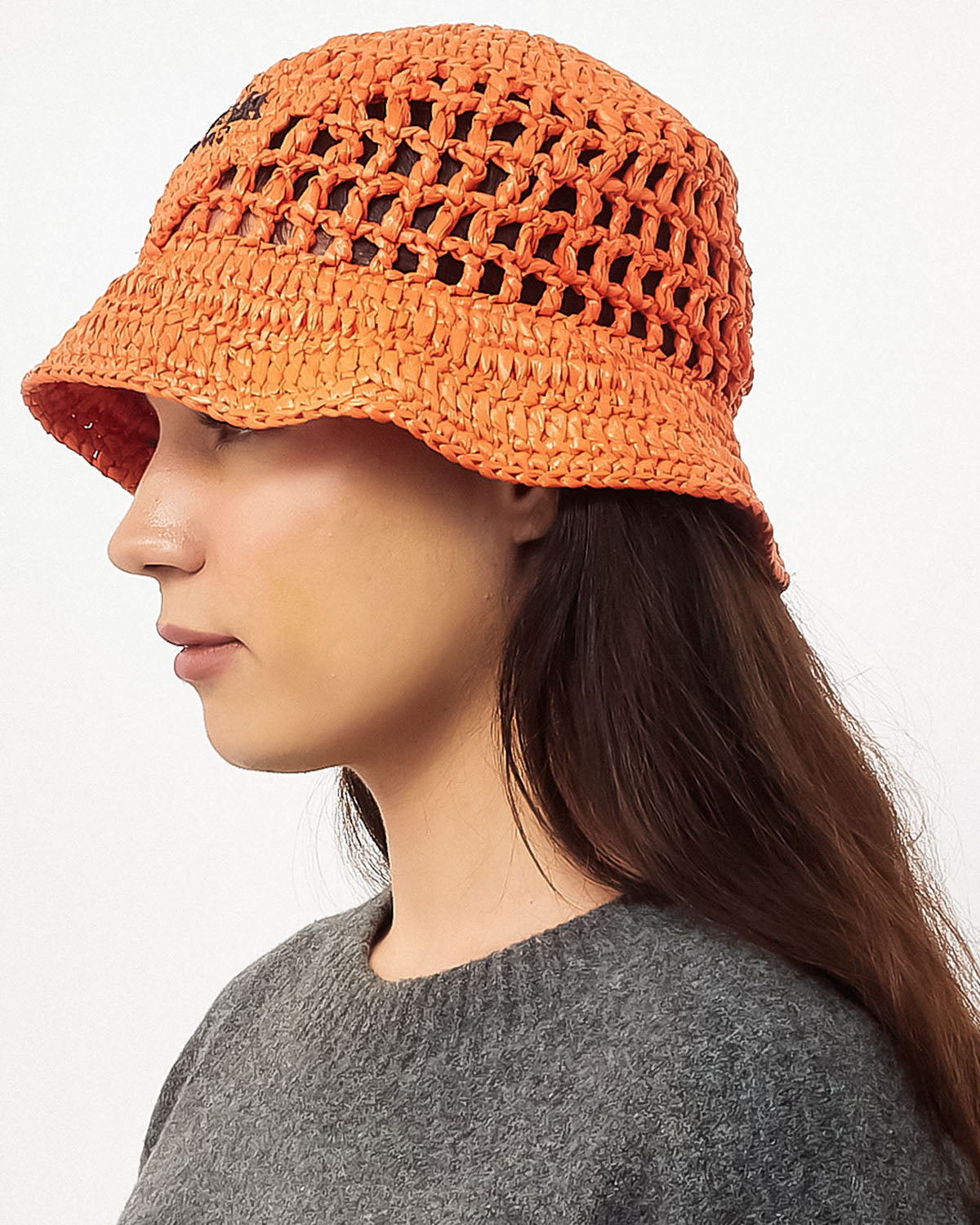 Prada Orange Raffia Logo Bucket Hat - M