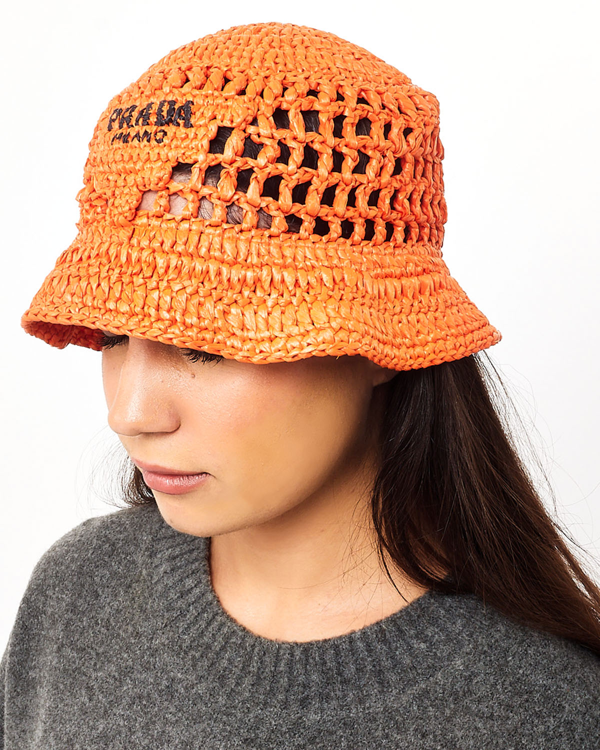 Prada Orange Raffia Logo Bucket Hat - M