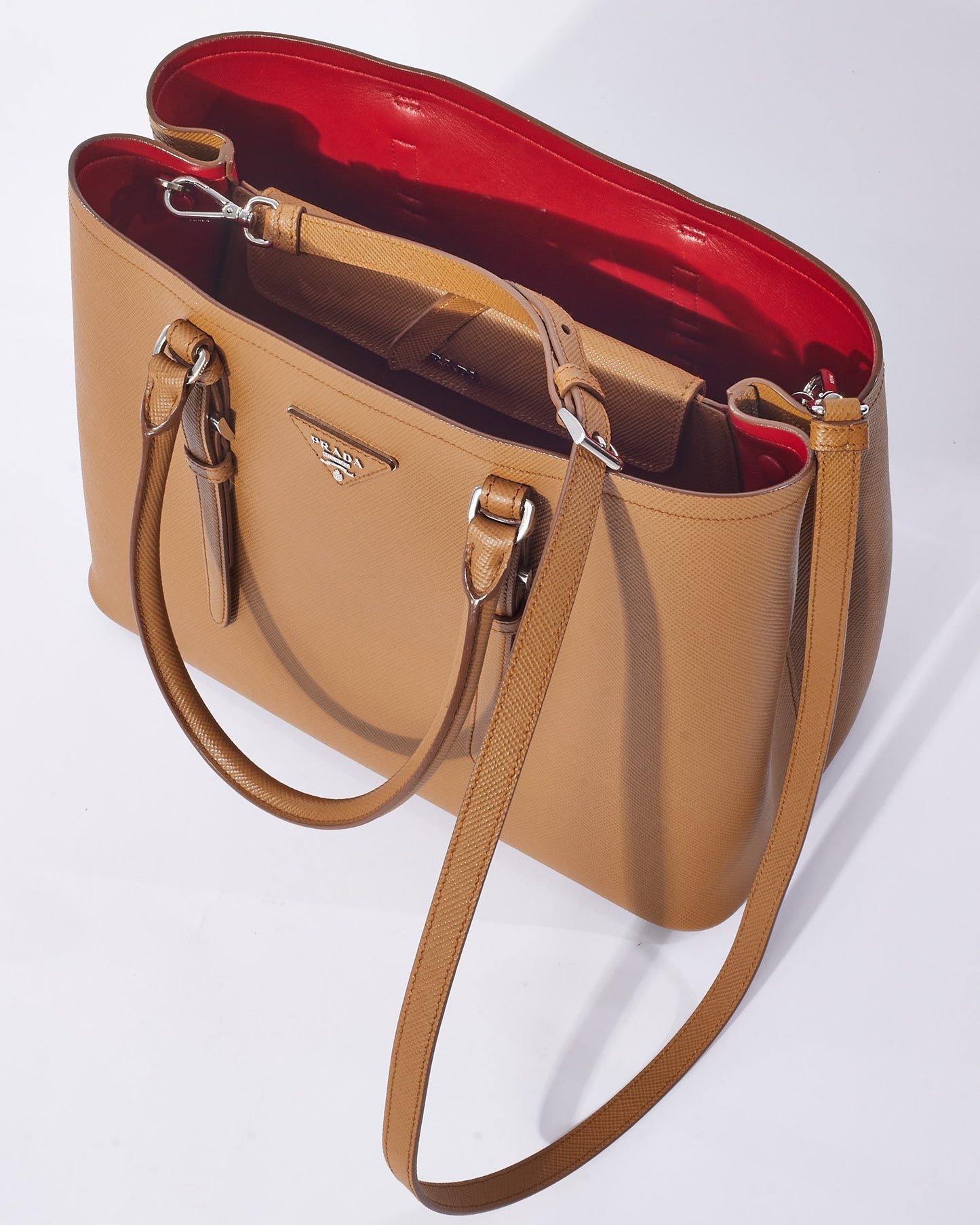 Prada Tan Saffiano Leather Double Medium Convertible Tote Bag