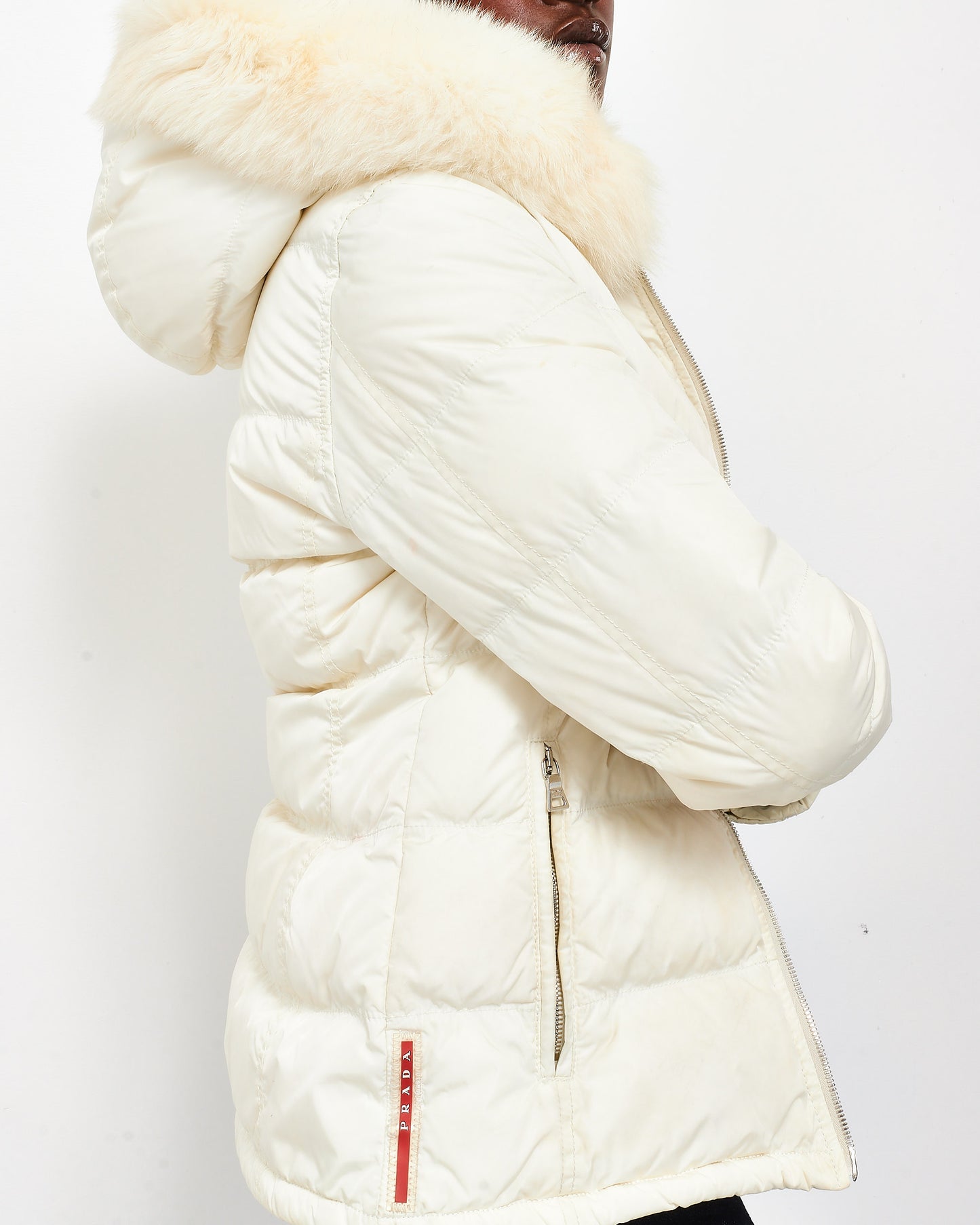 Prada White Down 
Fur Hood Ski Jacket - XS