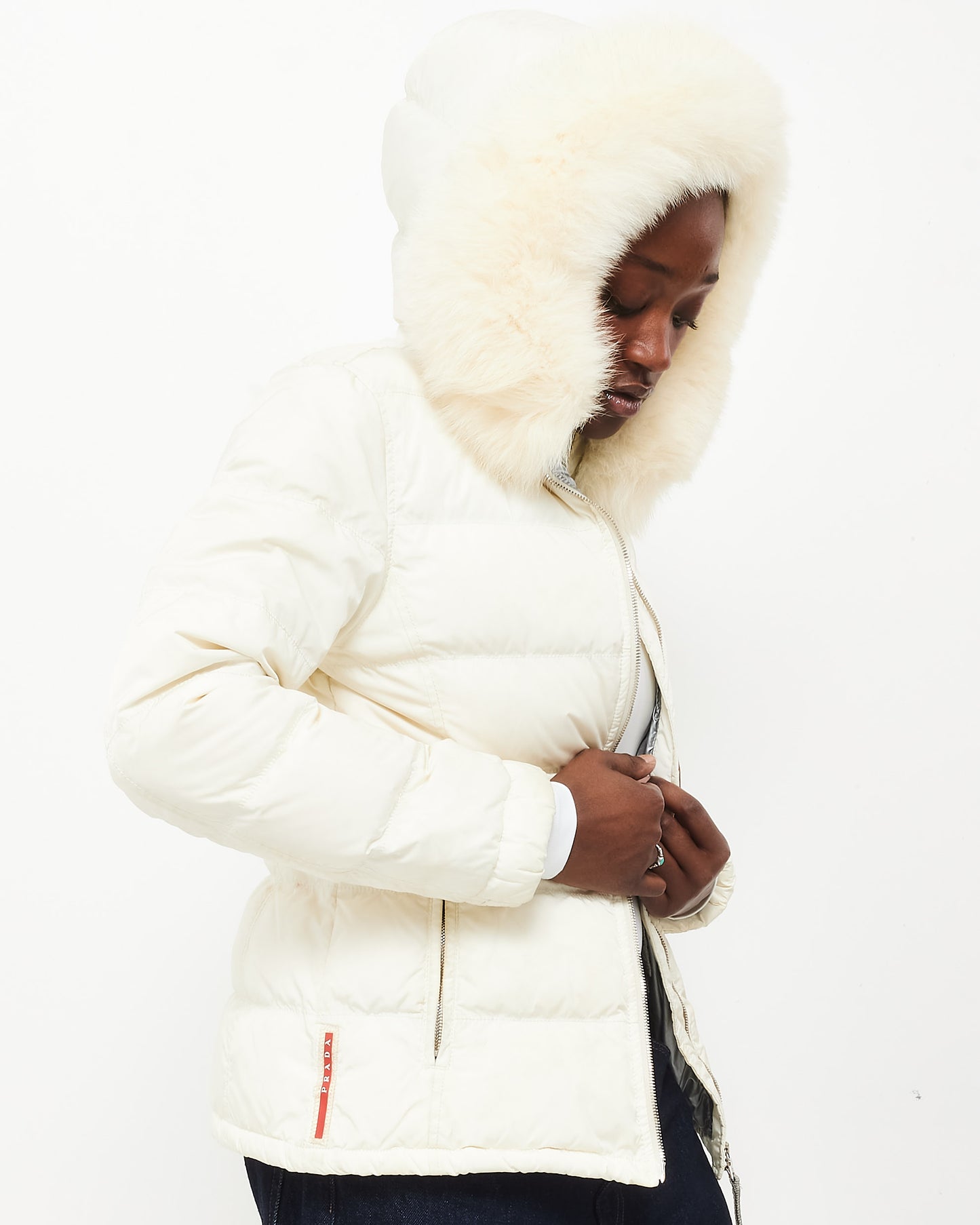 Prada White Down 
Fur Hood Ski Jacket - XS