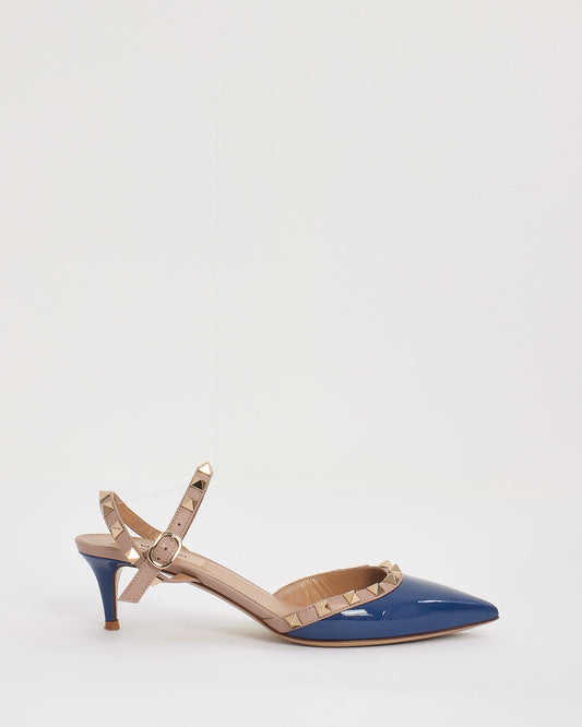 Valentino Blue Patent Leather Rockstud Ankle Strap 50 mm Pumps - 37.5