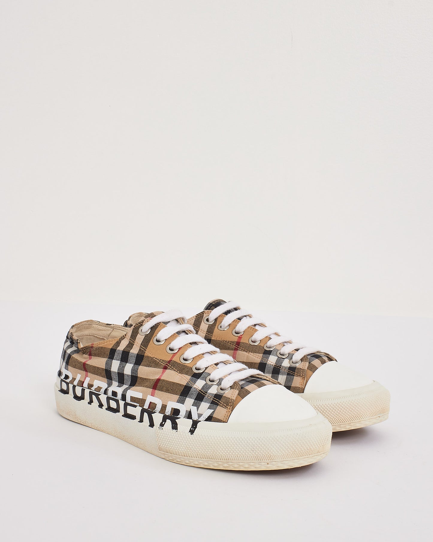 Burberry Beige Canvas Logo Check Print Sneakers - 7