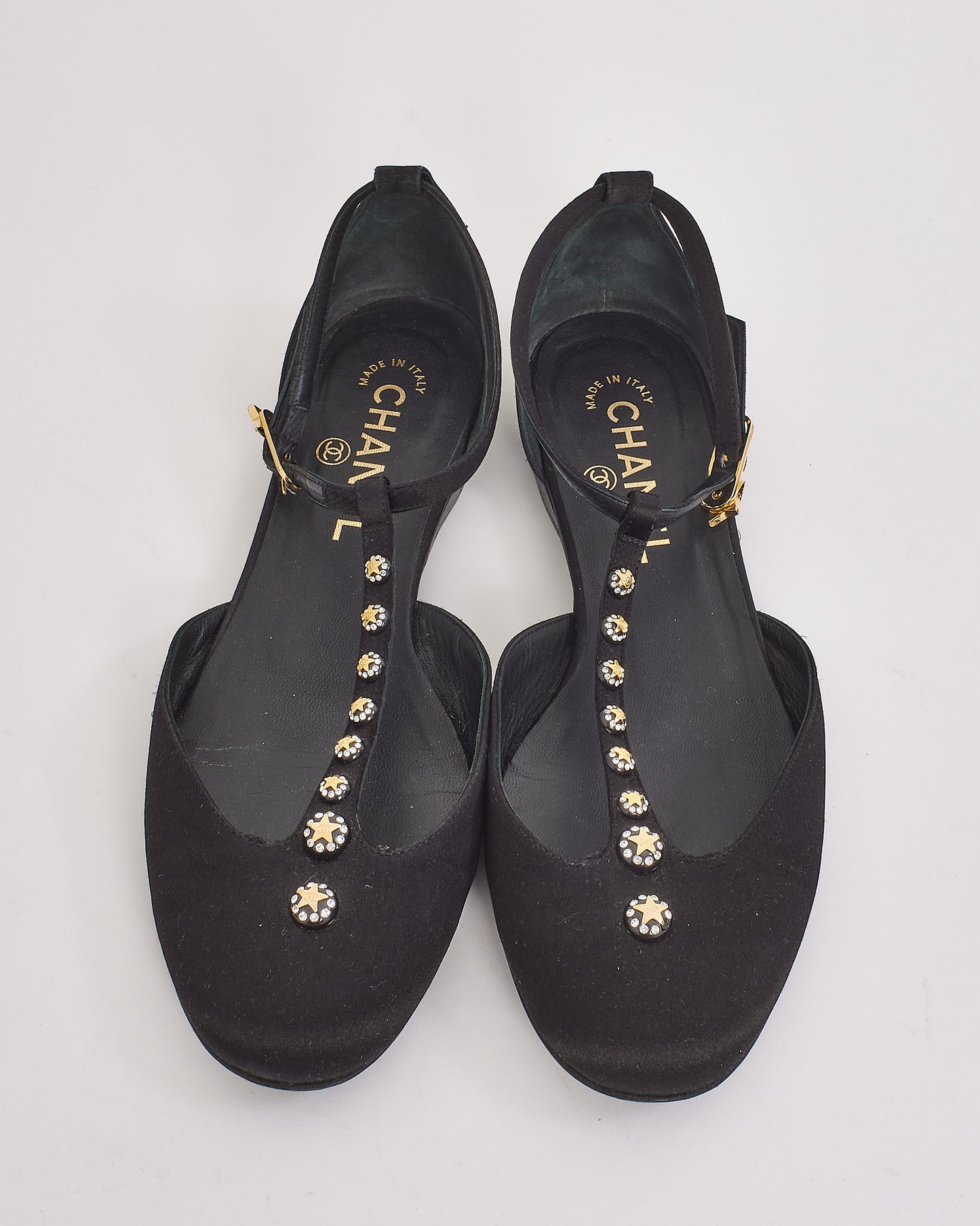 Chanel Black Satin Studded T-Strap Flats - 37