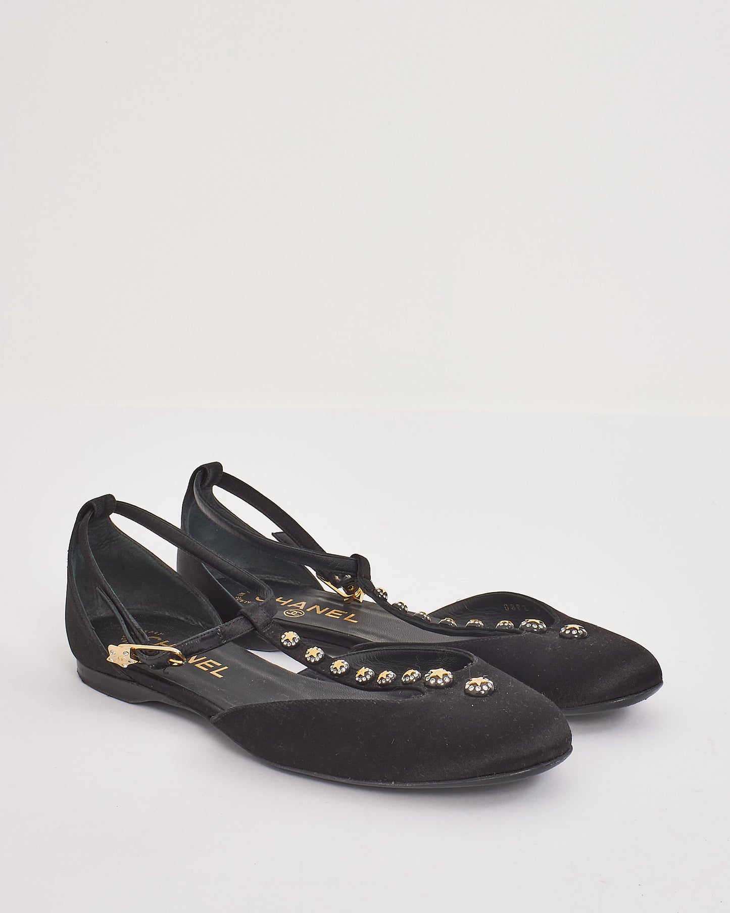 Chanel Black Satin Studded T-Strap Flats - 37