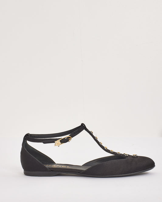 Chanel Black Satin Studded T-Strap Flats - 37