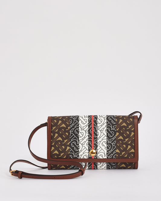 Burberry Brown Bridle Monogram Stripe E-Canvas Hannah Wallet with Strap