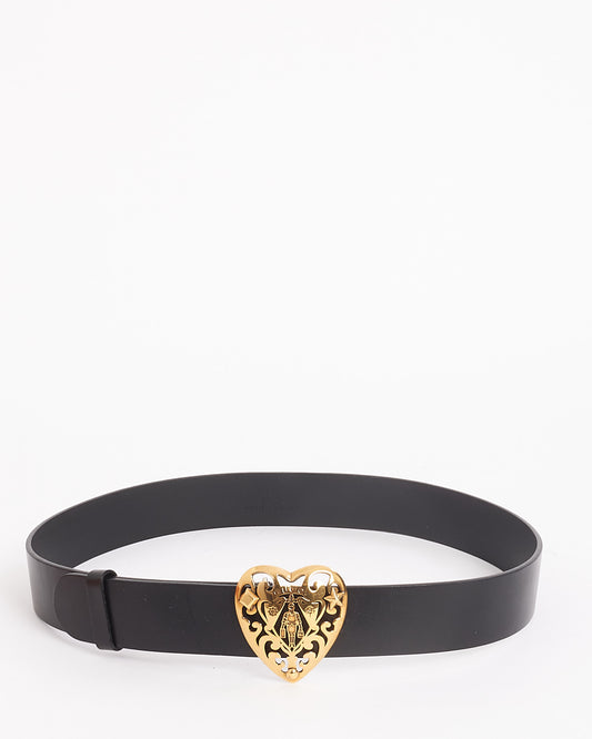 Gucci Black Leather Gold Heart Crest Buckle Belt 90/36