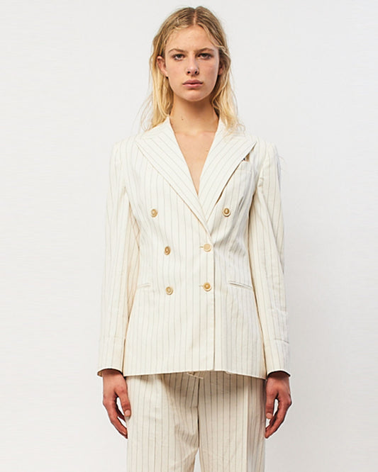 Brunello Cucinelli White Striped Cotton Suit with String Leather Belt -44