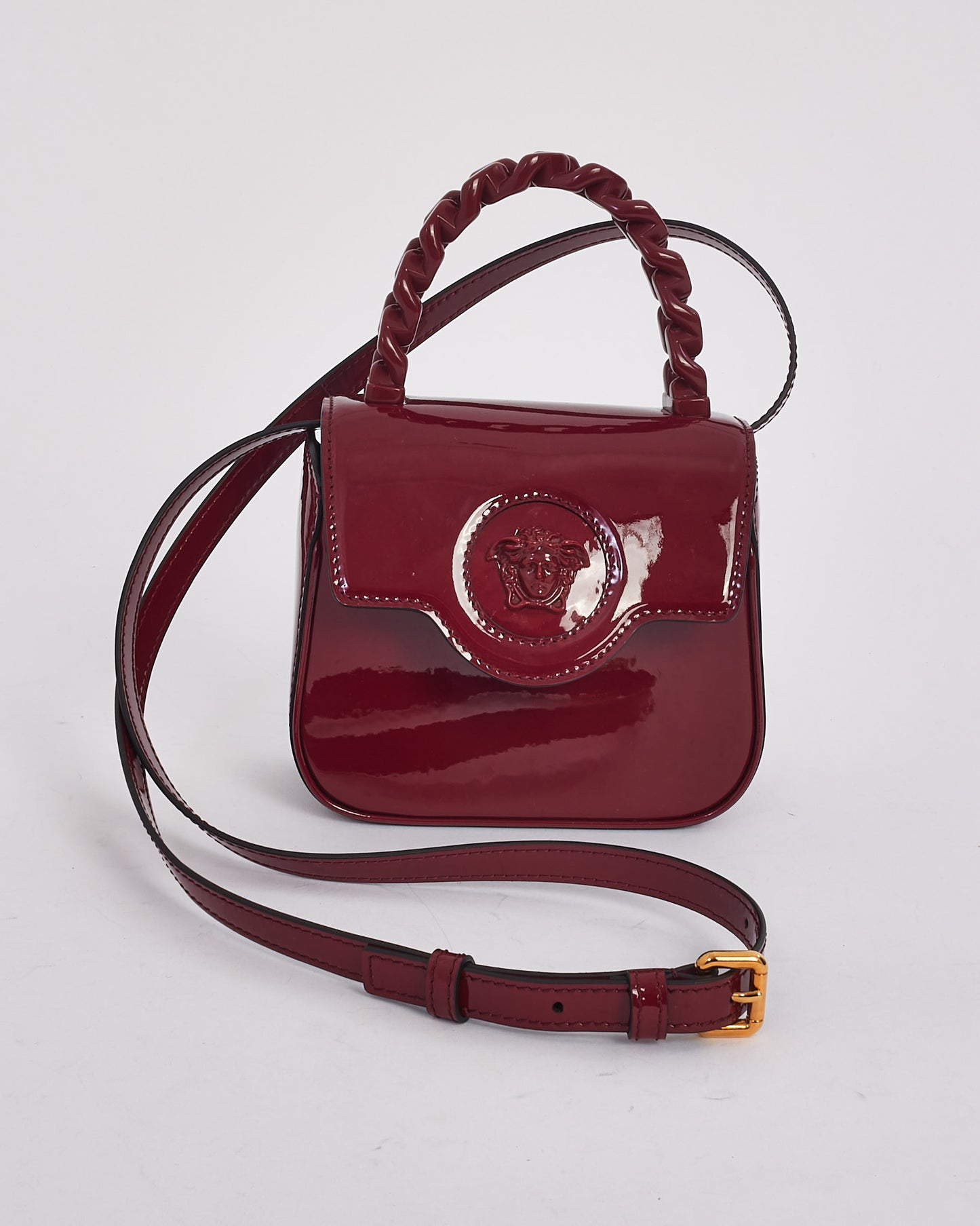 Versace Burgundy Patent Leather Mini 
La Medusa 
 Bag