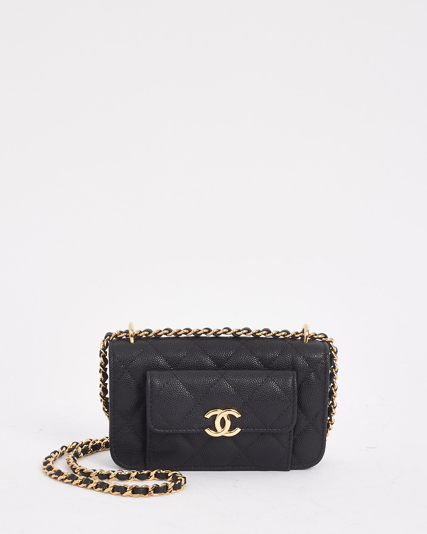 Chanel Black Caviar Leather Pocket Twin Clutch with Chain GHW