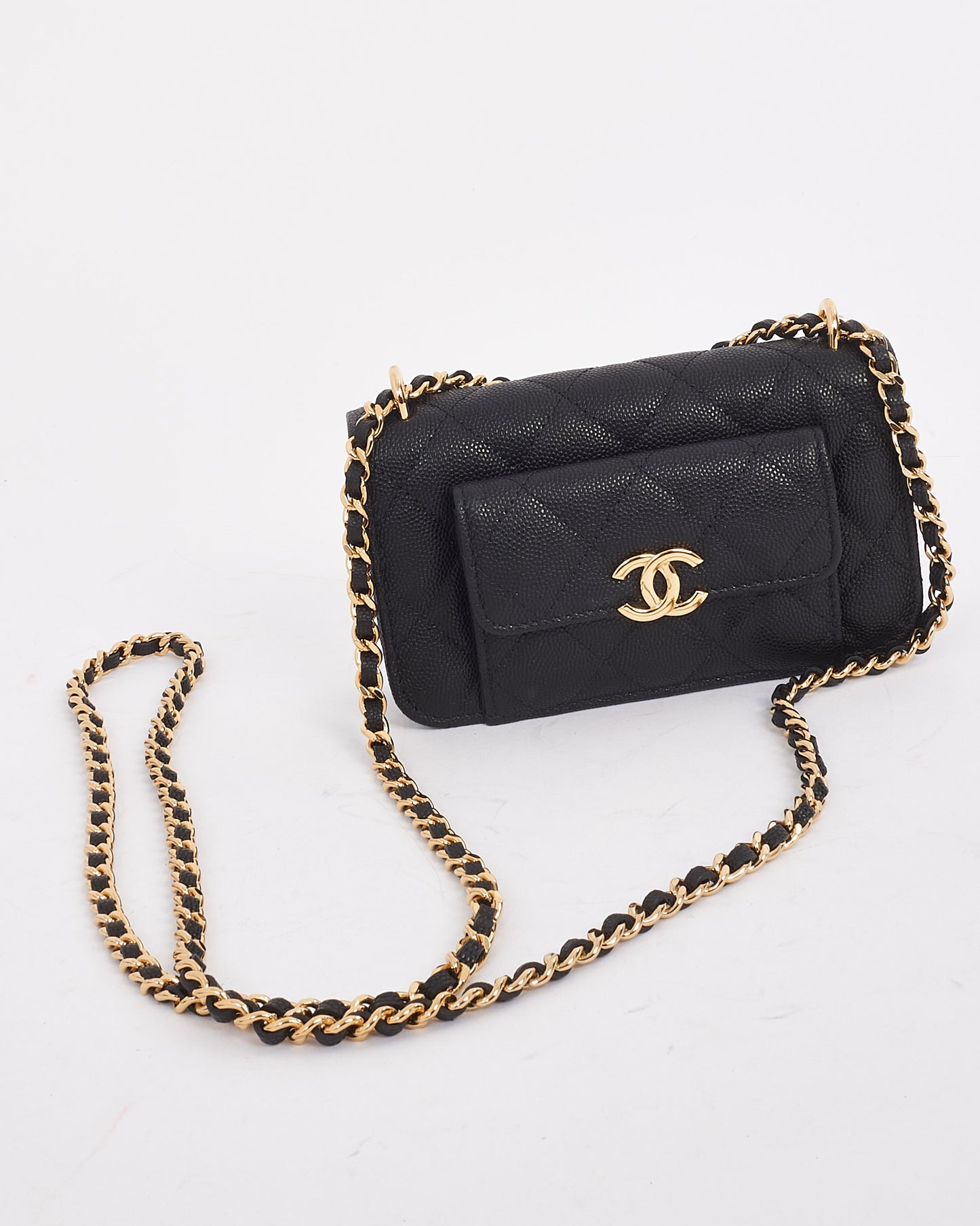 Chanel Black Caviar Leather Pocket Twin Clutch with Chain GHW