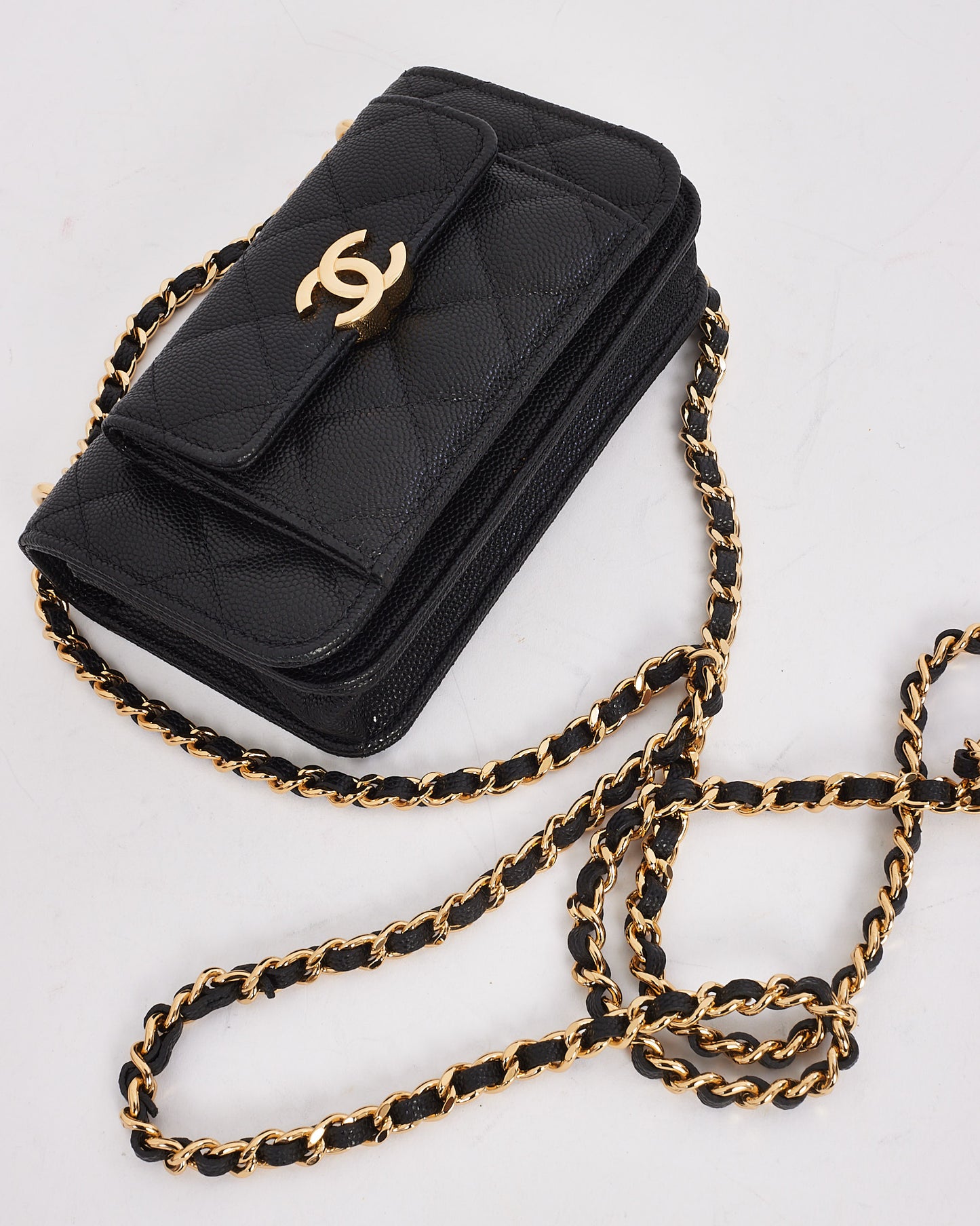 Chanel Black Caviar Leather Pocket Twin Clutch with Chain GHW