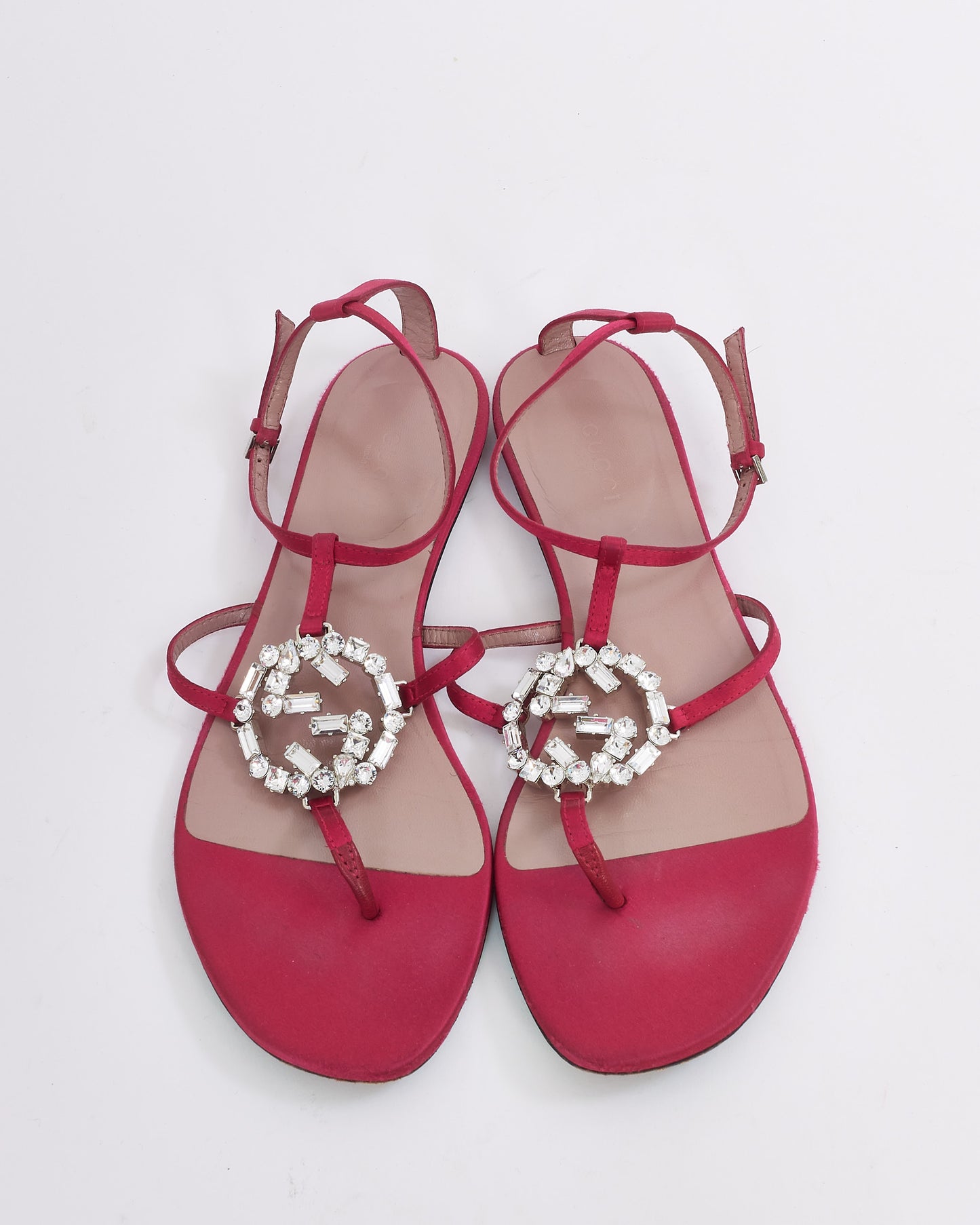 Gucci Fuchsia Satin GG Crystal Sandals - 37.5