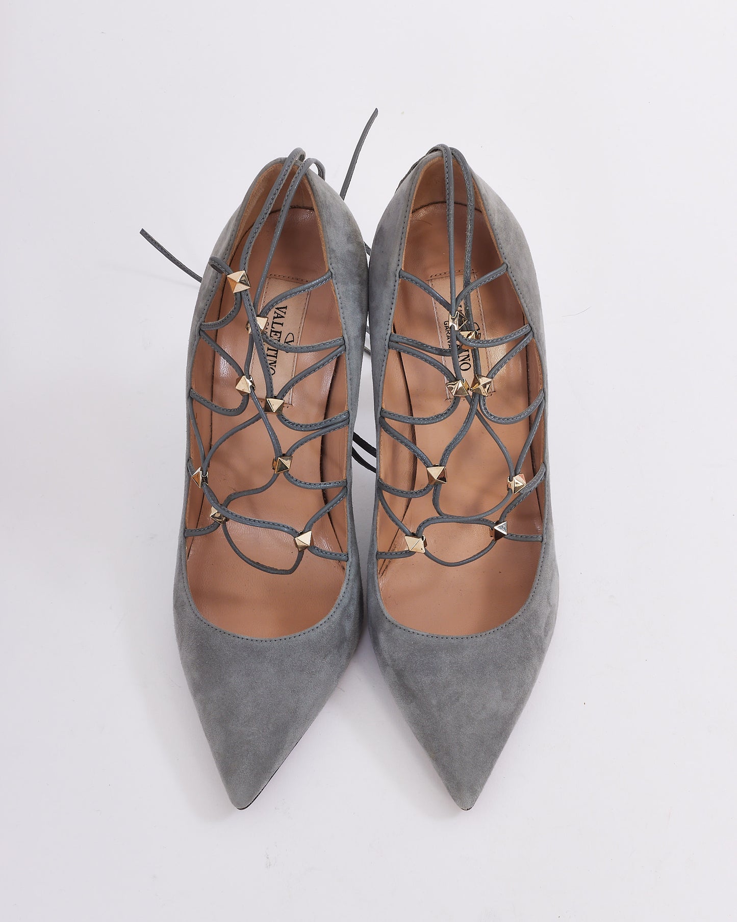 Valentino Grey Suede Rockstud Lace-Up Cage Pointed Toe Pumps - 37