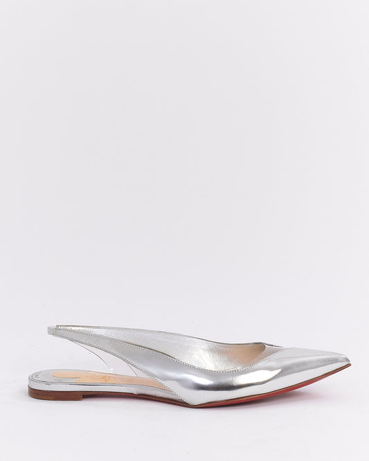 Christian Louboutin Silver Metallic Leather Cut Out Slingback Flats - 37.5