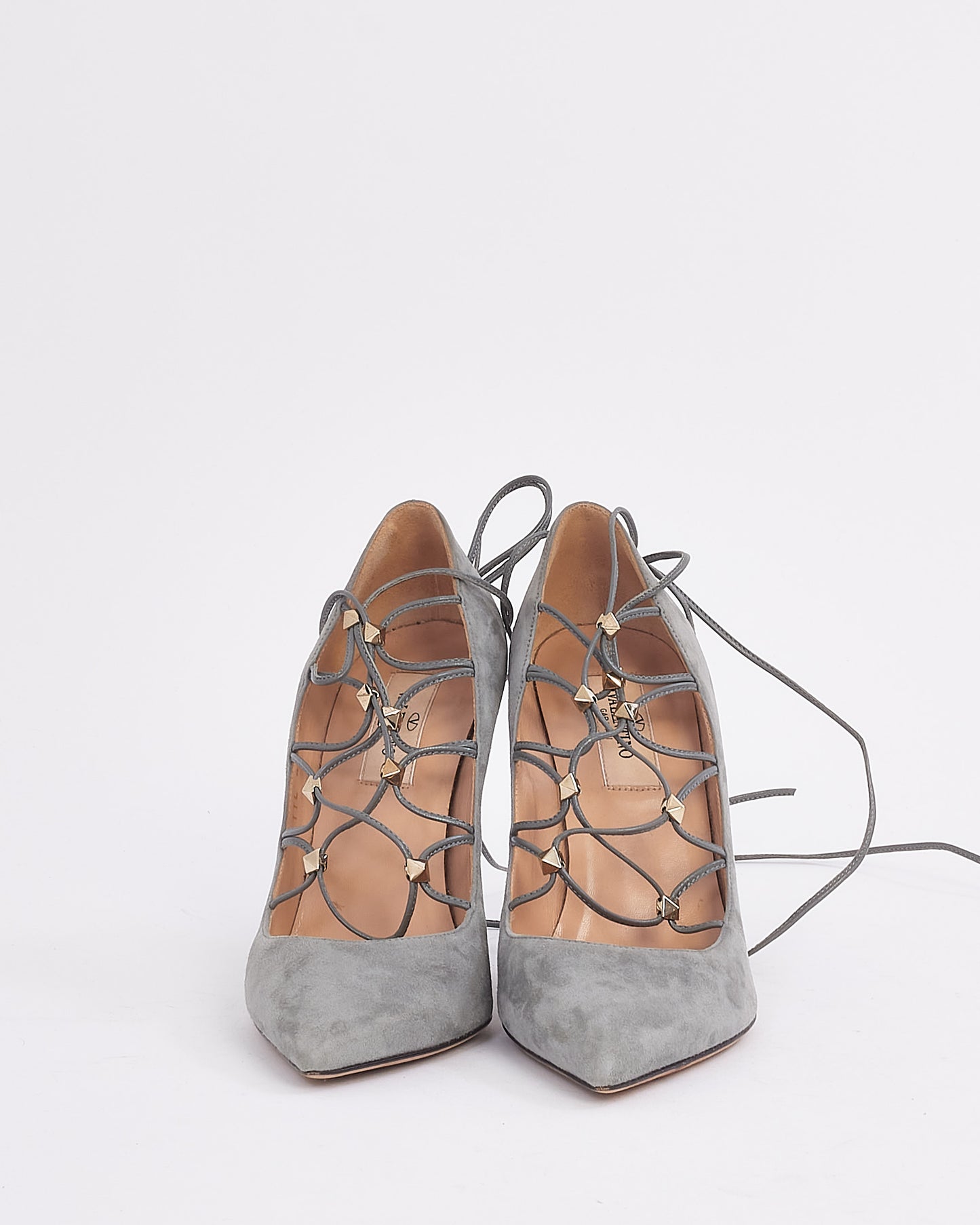 Valentino Grey Suede Rockstud Lace-Up Cage Pointed Toe Pumps - 37