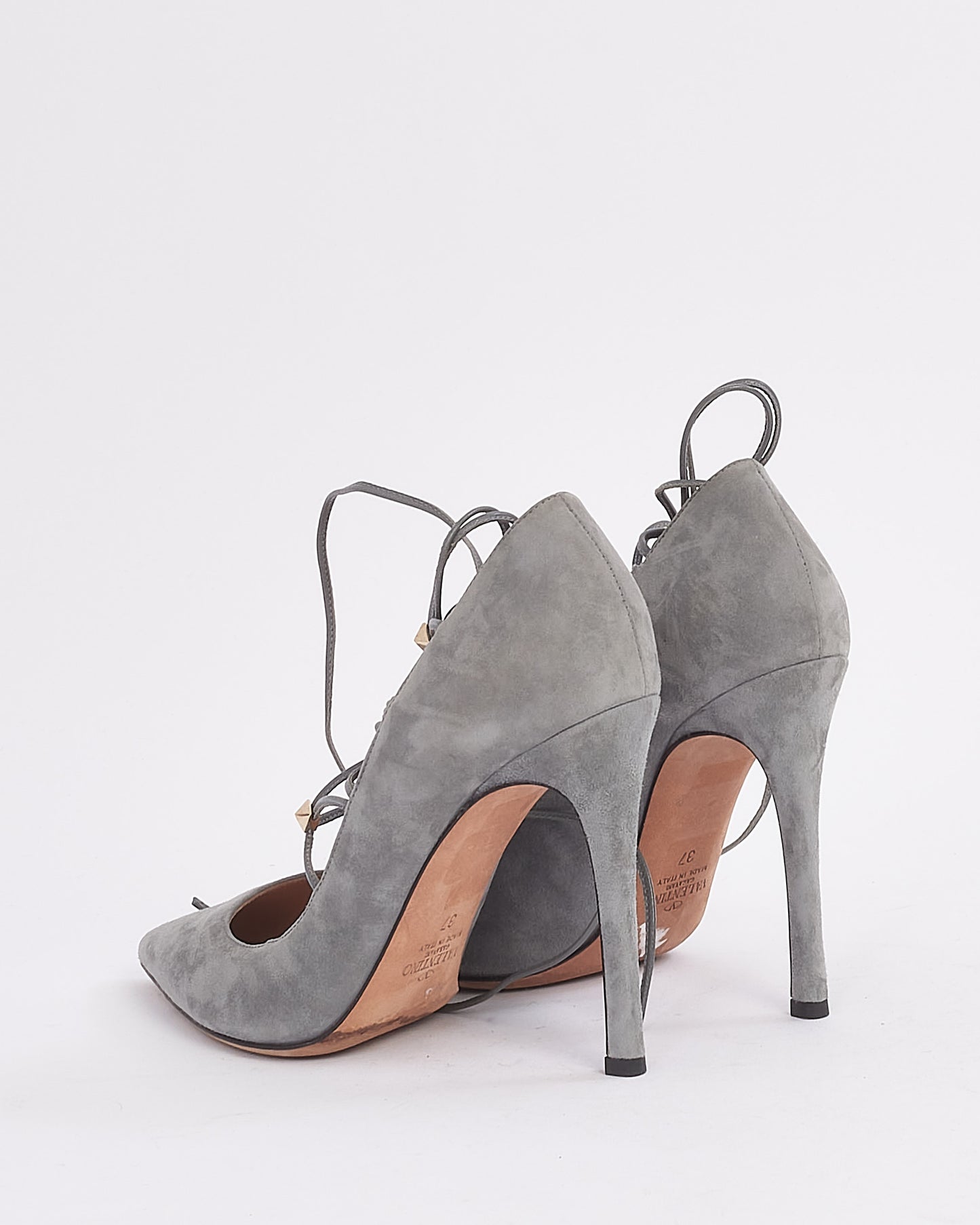 Valentino Grey Suede Rockstud Lace-Up Cage Pointed Toe Pumps - 37