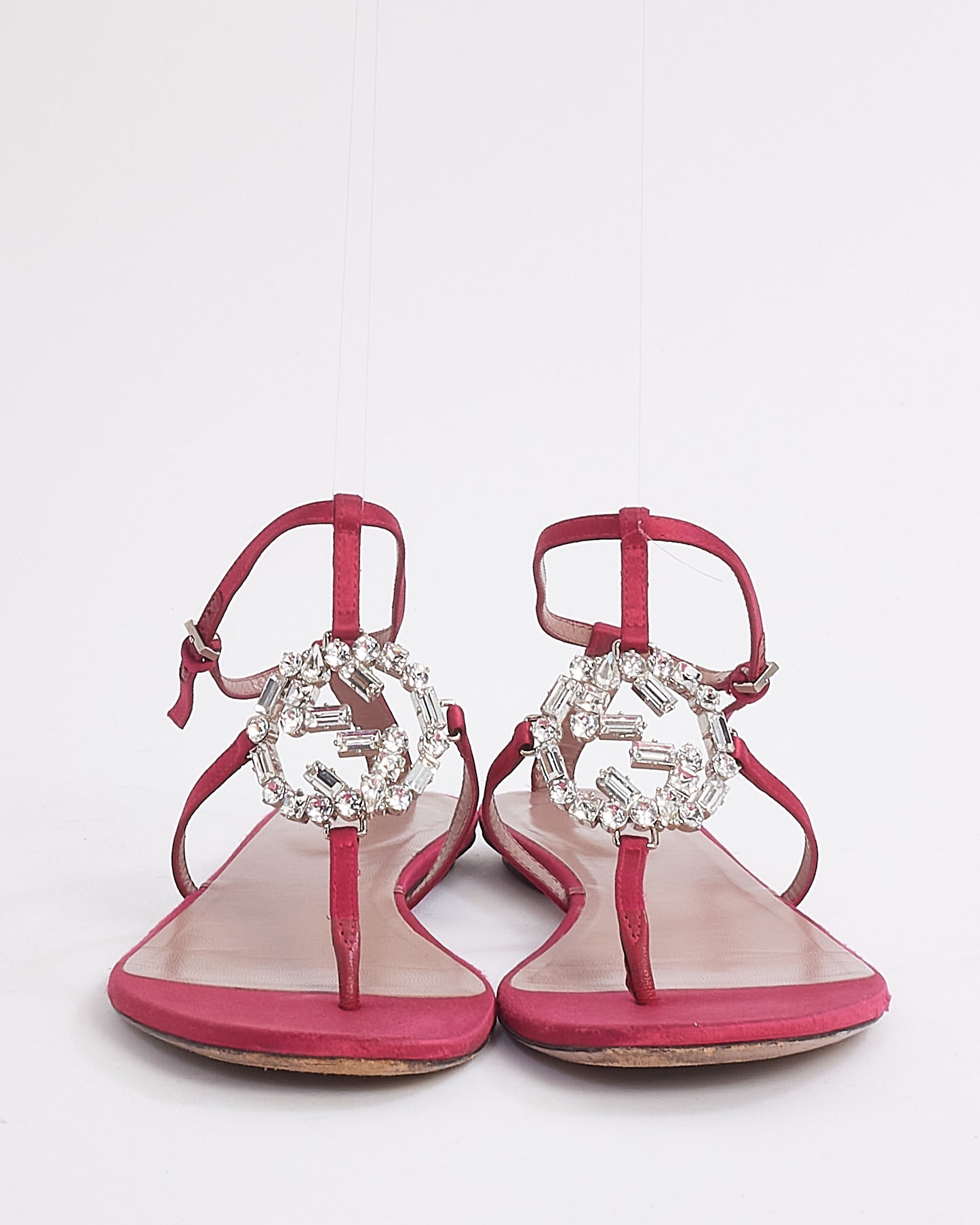 Gucci Fuchsia Satin GG Crystal Sandals - 37.5