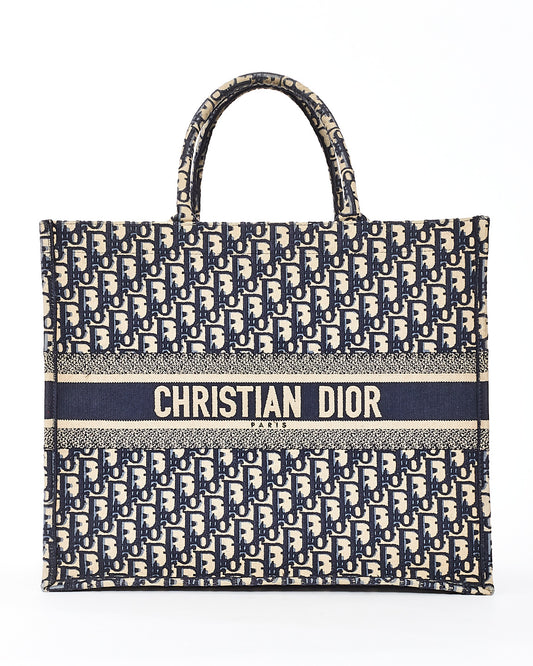 Grand sac fourre-tout à broderie en toile oblique bleu marine Dior